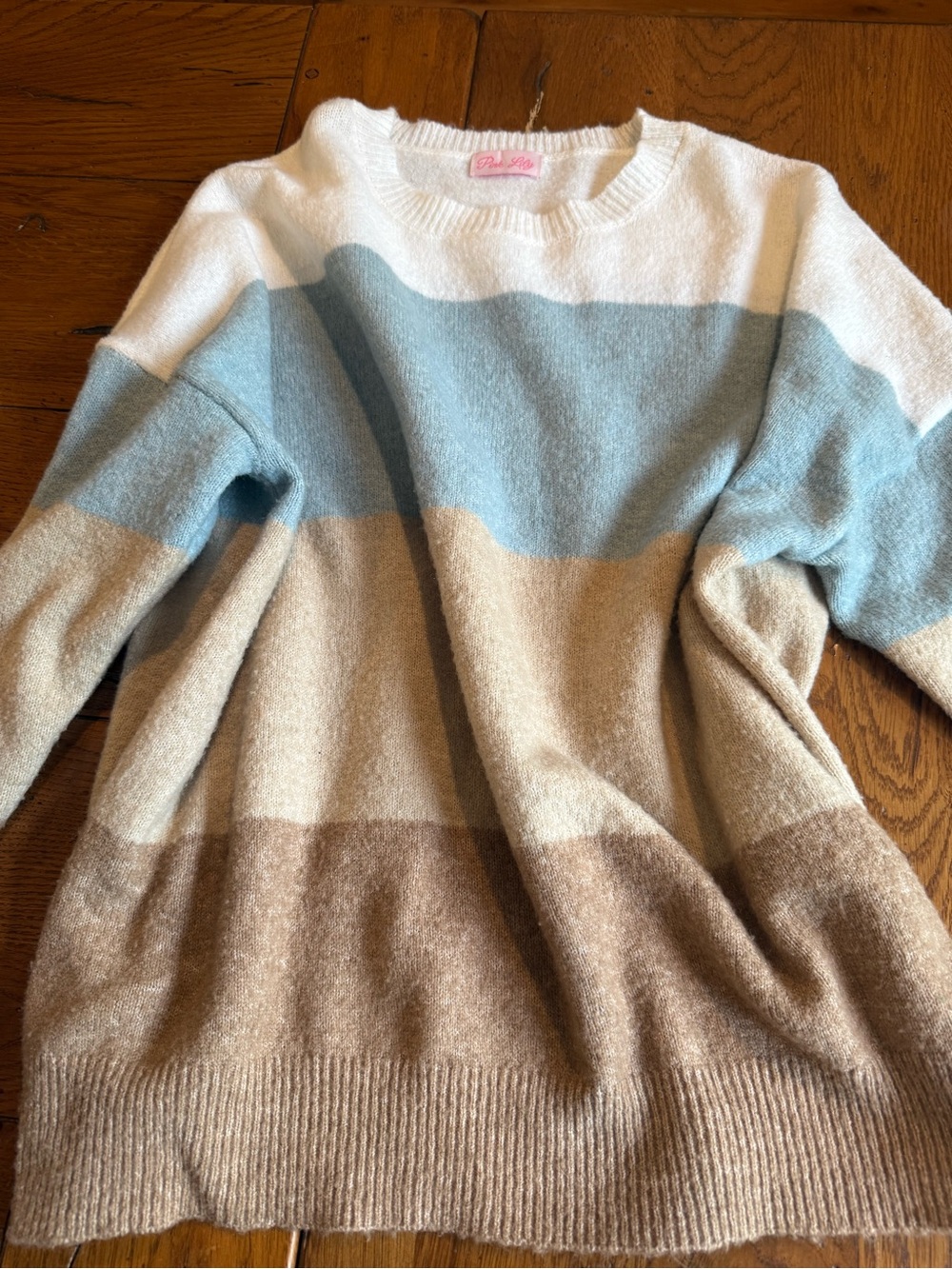 Pink Lily Striped Crewneck Sweater - Blue, Cream & Brown